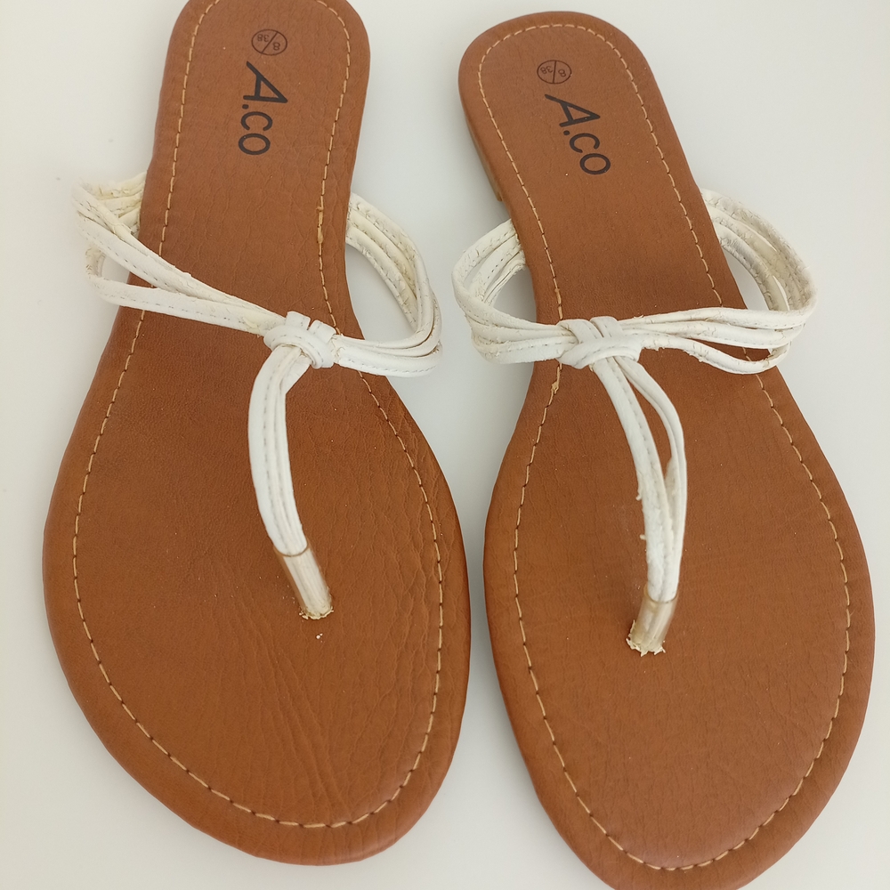 Tan and White Faux Leather Sandals with Twist Detail